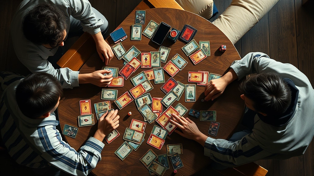 Overhead view of three player card game in progress with cards spread across table, dice visible, game components organized, players leaning in strategically, natural daylight, immersive gaming moment photorealistic