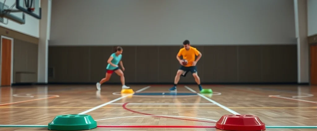 Four colorful corner markers in a gymnasium with players positioned strategically, vibrant athletic wear, dynamic movement blur, professional sports lighting