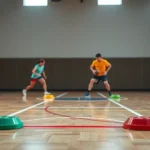Four colorful corner markers in a gymnasium with players positioned strategically, vibrant athletic wear, dynamic movement blur, professional sports lighting
