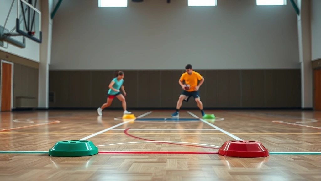 Four colorful corner markers in a gymnasium with players positioned strategically, vibrant athletic wear, dynamic movement blur, professional sports lighting