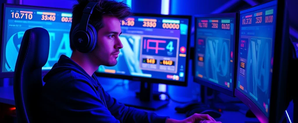 A gamer wearing headphones sitting at a custom gaming PC setup with multiple monitors displaying retro game emulators and speedrun timers, dramatic blue and purple RGB lighting, focused expression, photorealistic