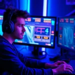 A gamer wearing headphones sitting at a custom gaming PC setup with multiple monitors displaying retro game emulators and speedrun timers, dramatic blue and purple RGB lighting, focused expression, photorealistic