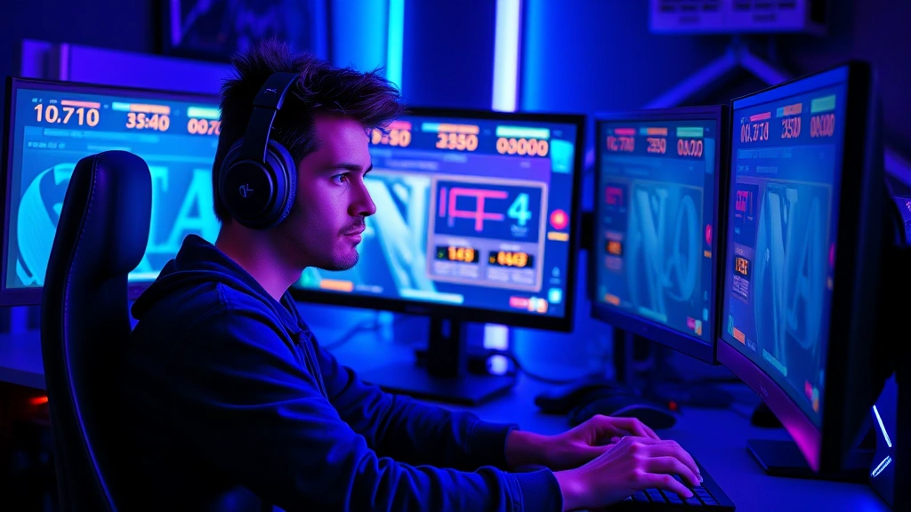 A gamer wearing headphones sitting at a custom gaming PC setup with multiple monitors displaying retro game emulators and speedrun timers, dramatic blue and purple RGB lighting, focused expression, photorealistic