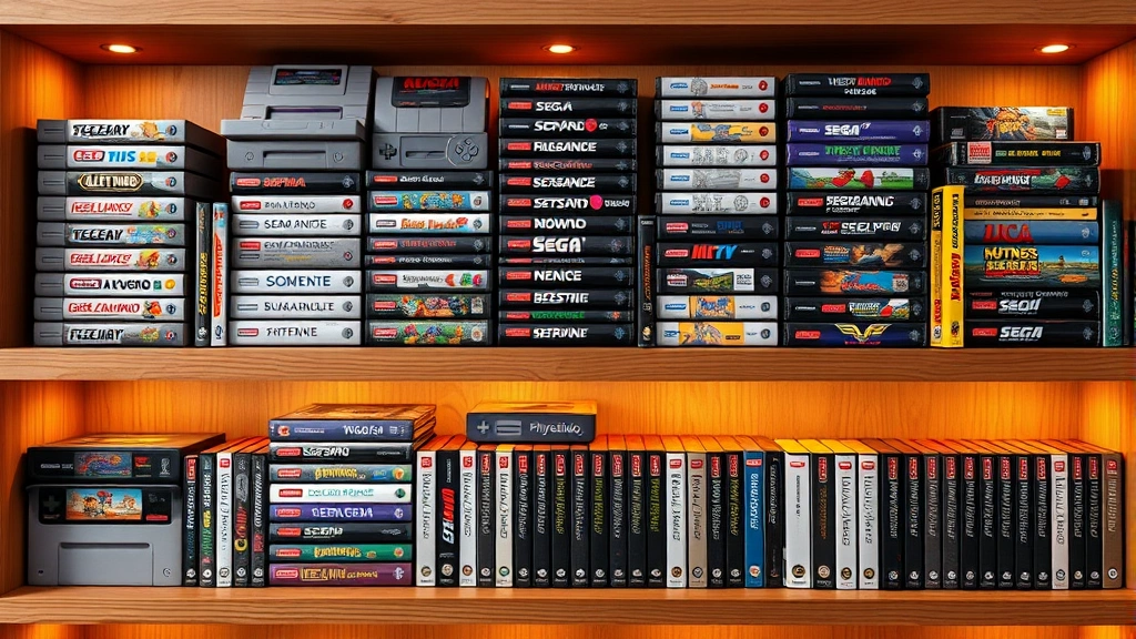 A collection of classic video game cartridges and physical copies arranged on wooden shelves including Nintendo, Sega, and PlayStation titles, warm lighting highlighting the game cases, nostalgic gaming collection aesthetic, photorealistic