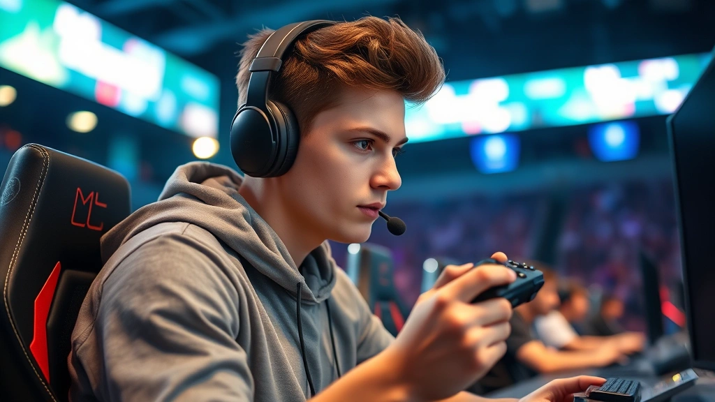 A competitive esports player at a gaming tournament holding a controller with intense focus, arena lighting in background, displaying concentration and skill, professional gaming environment, photorealistic