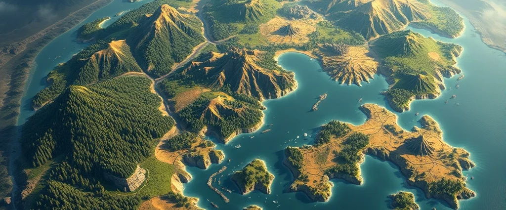 A vast fantasy world map view from above showing multiple colored civilizations expanding across continents with forests, mountains, and rivers, detailed isometric perspective, no UI elements, photorealistic landscape