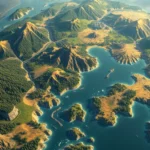A vast fantasy world map view from above showing multiple colored civilizations expanding across continents with forests, mountains, and rivers, detailed isometric perspective, no UI elements, photorealistic landscape