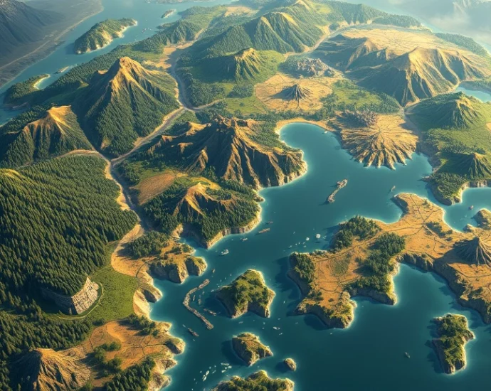 A vast fantasy world map view from above showing multiple colored civilizations expanding across continents with forests, mountains, and rivers, detailed isometric perspective, no UI elements, photorealistic landscape