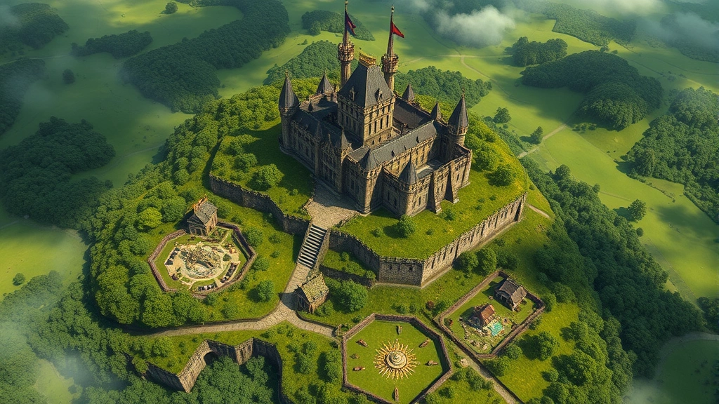 A medieval castle surrounded by lush green countryside with multiple regions under control, birds eye view showing resource nodes and development, fantasy art style, no text overlays or menus