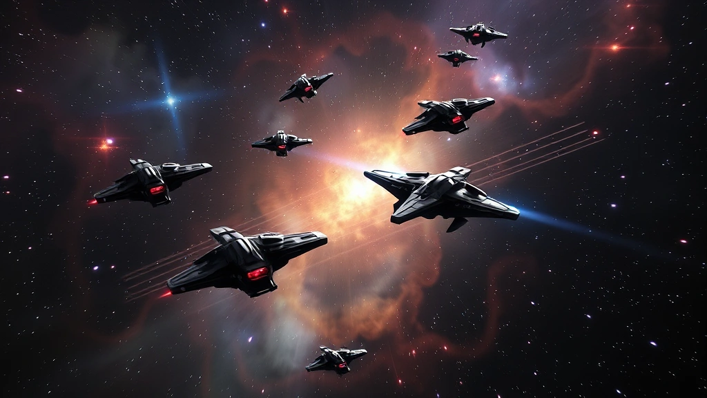 A galactic space scene showing multiple alien spacecraft formations flying through a nebula field with stars and cosmic dust, cinematic sci-fi aesthetic, no HUD elements or game interface visible