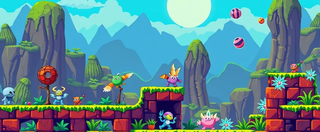 Retro 8-bit pixel art video game scene showing colorful platforming environment with classic enemies, vibrant background scenery, arcade cabinet aesthetic, no text or UI elements, photorealistic pixel rendering