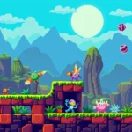 Retro 8-bit pixel art video game scene showing colorful platforming environment with classic enemies, vibrant background scenery, arcade cabinet aesthetic, no text or UI elements, photorealistic pixel rendering