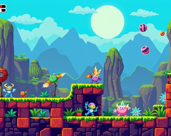 Retro 8-bit pixel art video game scene showing colorful platforming environment with classic enemies, vibrant background scenery, arcade cabinet aesthetic, no text or UI elements, photorealistic pixel rendering