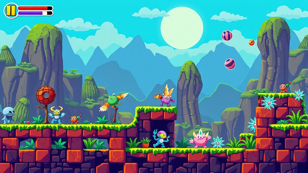 Retro 8-bit pixel art video game scene showing colorful platforming environment with classic enemies, vibrant background scenery, arcade cabinet aesthetic, no text or UI elements, photorealistic pixel rendering