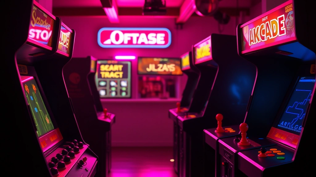 Vintage arcade gaming scene with multiple classic game screens visible, neon glow lighting, nostalgic 1980s atmosphere, arcade cabinet details, no readable text or game UI, photorealistic style