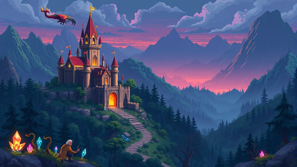 Epic 8-bit fantasy adventure landscape featuring magical castle, mysterious forest terrain, glowing crystals, fantasy creatures in distance, pixel art style with photorealistic depth, no text overlays