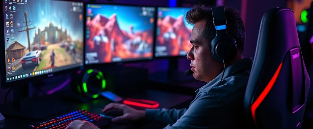 Professional gamer sitting at high-end gaming setup with multiple monitors displaying vibrant game worlds, intense concentration on face, RGB lighting reflecting off gaming peripherals, photorealistic lighting, no UI elements visible