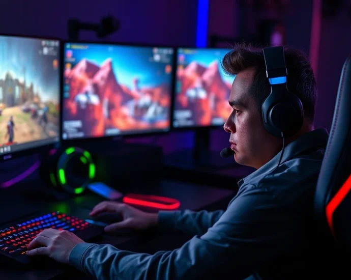 Professional gamer sitting at high-end gaming setup with multiple monitors displaying vibrant game worlds, intense concentration on face, RGB lighting reflecting off gaming peripherals, photorealistic lighting, no UI elements visible