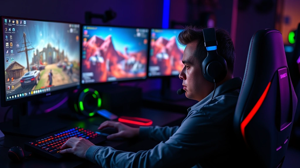 Professional gamer sitting at high-end gaming setup with multiple monitors displaying vibrant game worlds, intense concentration on face, RGB lighting reflecting off gaming peripherals, photorealistic lighting, no UI elements visible