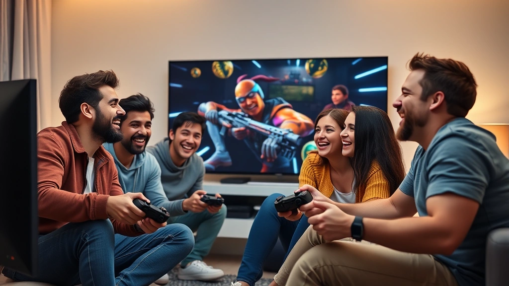 Diverse group of friends playing cooperative video game together on large TV in modern living room, genuine laughter and excitement on their faces, cozy gaming atmosphere with ambient lighting, no game menus or text overlays