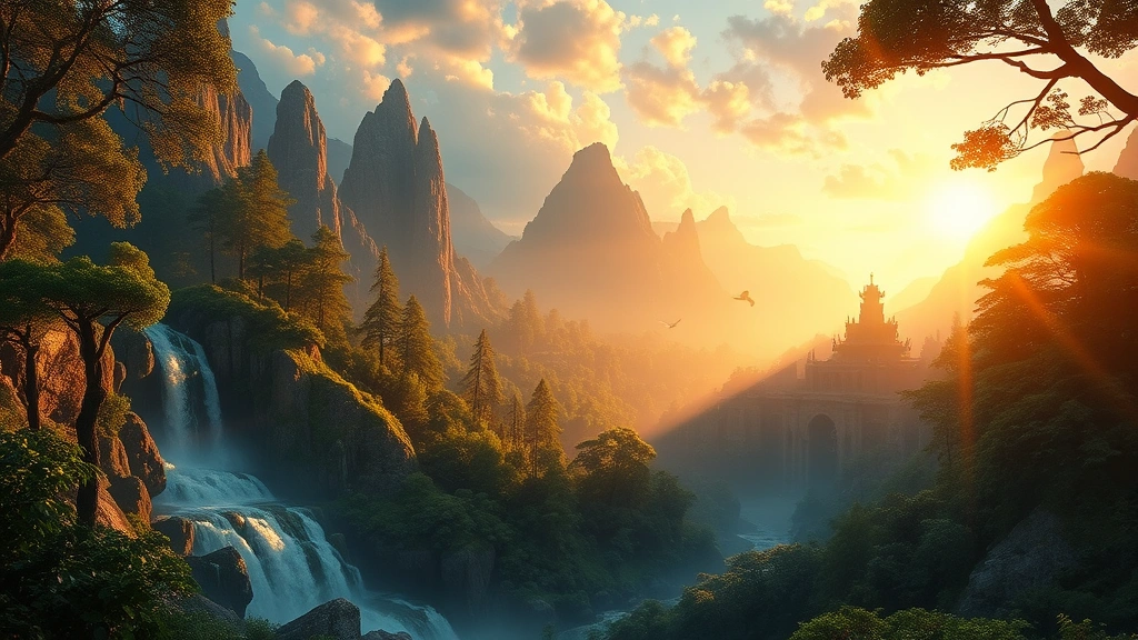 Stunning fantasy RPG landscape with lush forests, magical waterfalls, and glowing mystical ruins, photorealistic environmental design, golden hour lighting creating dramatic shadows, no game UI or HUD elements present