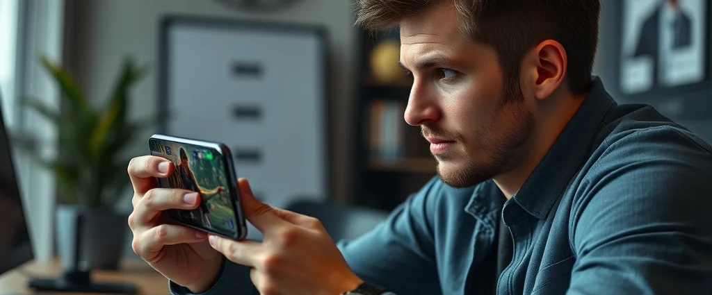 Adult gamer holding premium smartphone playing sophisticated strategy game, focused expression, modern gaming environment with coffee on desk, photorealistic, no UI visible