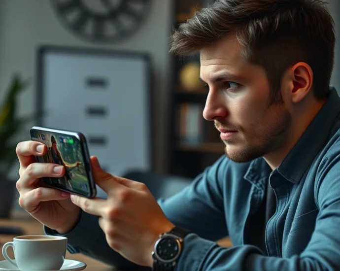 Adult gamer holding premium smartphone playing sophisticated strategy game, focused expression, modern gaming environment with coffee on desk, photorealistic, no UI visible