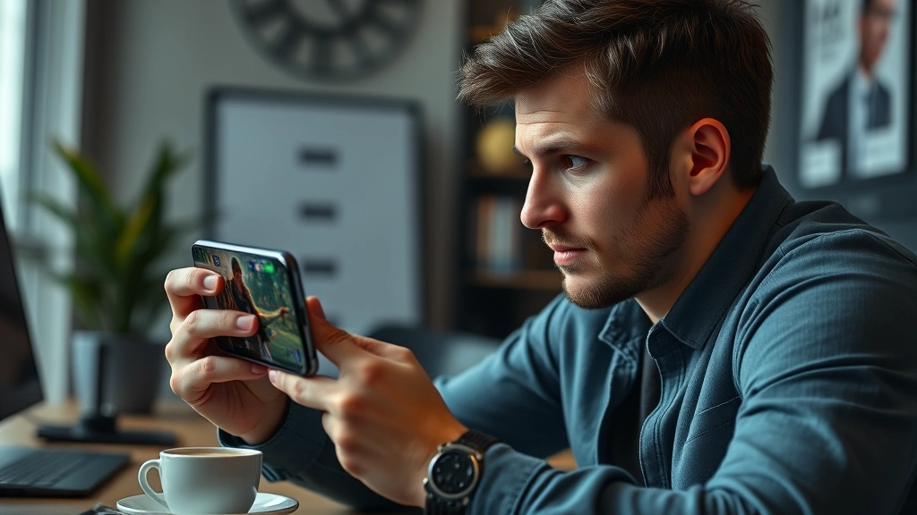 Adult gamer holding premium smartphone playing sophisticated strategy game, focused expression, modern gaming environment with coffee on desk, photorealistic, no UI visible