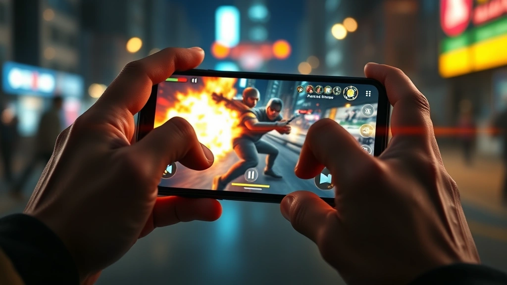 Close-up of hands on mobile device during intense action gameplay moment, dynamic lighting, immersive gaming session, premium game visuals visible on screen, photorealistic perspective