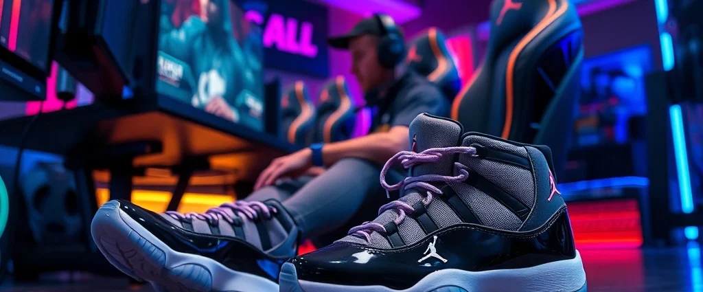 Professional esports player sitting at gaming setup desk wearing pristine Air Jordan 11 Concord sneakers, RGB lighting in background, competitive gaming atmosphere