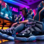 Professional esports player sitting at gaming setup desk wearing pristine Air Jordan 11 Concord sneakers, RGB lighting in background, competitive gaming atmosphere