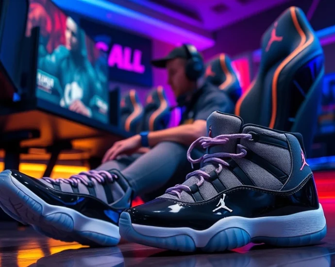 Professional esports player sitting at gaming setup desk wearing pristine Air Jordan 11 Concord sneakers, RGB lighting in background, competitive gaming atmosphere