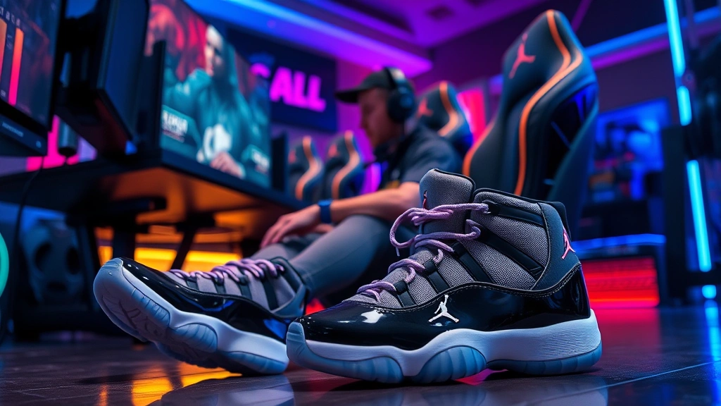 Professional esports player sitting at gaming setup desk wearing pristine Air Jordan 11 Concord sneakers, RGB lighting in background, competitive gaming atmosphere