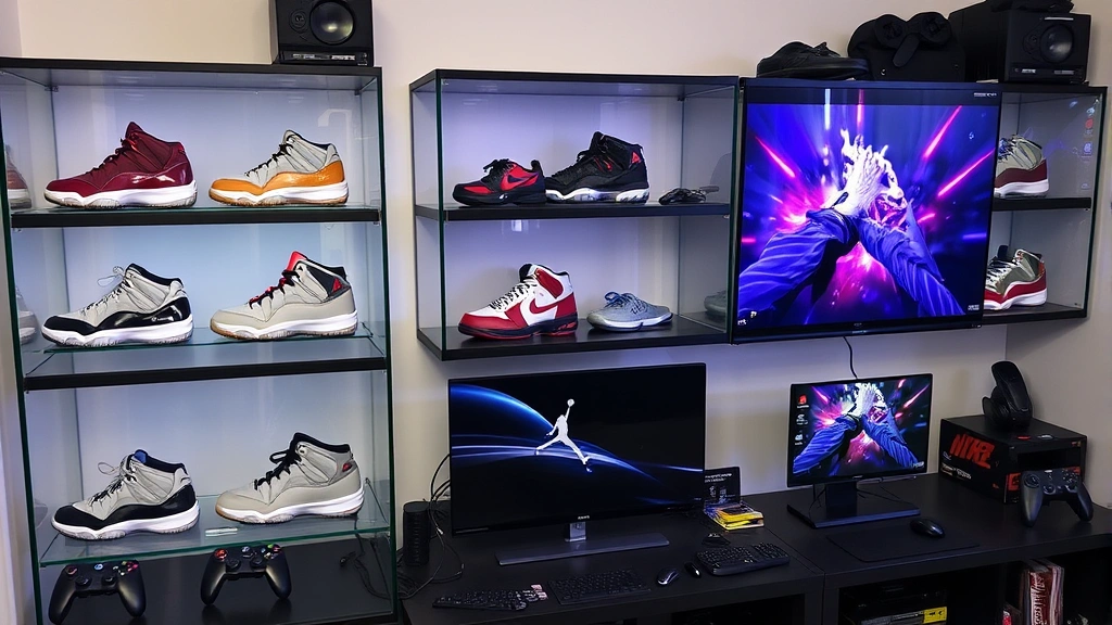 Collector's display shelf featuring multiple Air Jordan 11 colorways in glass cases next to gaming monitors and controllers, organized sneaker collection photography