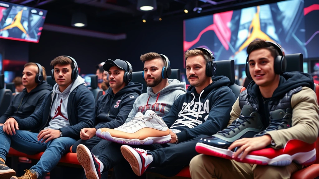 Diverse group of gamers at esports tournament venue wearing various Air Jordan 11 colorways, casual gaming lounge setting, authentic sneaker culture moment