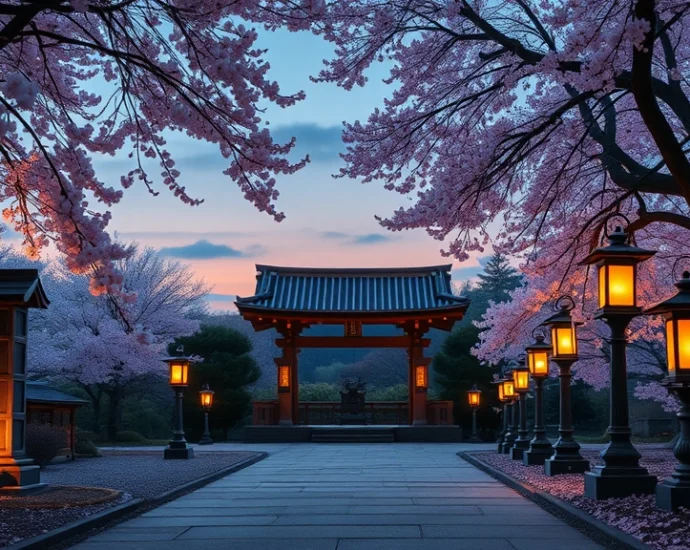 A serene Japanese garden shrine at dusk with stone lanterns and cherry blossoms falling, soft natural lighting, photorealistic, peaceful atmosphere, no UI elements