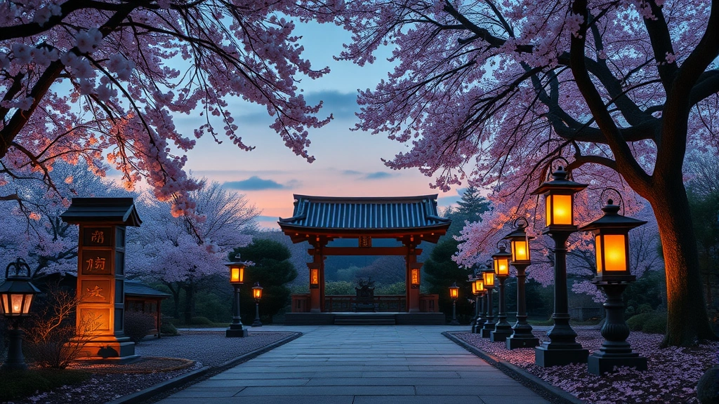 A serene Japanese garden shrine at dusk with stone lanterns and cherry blossoms falling, soft natural lighting, photorealistic, peaceful atmosphere, no UI elements
