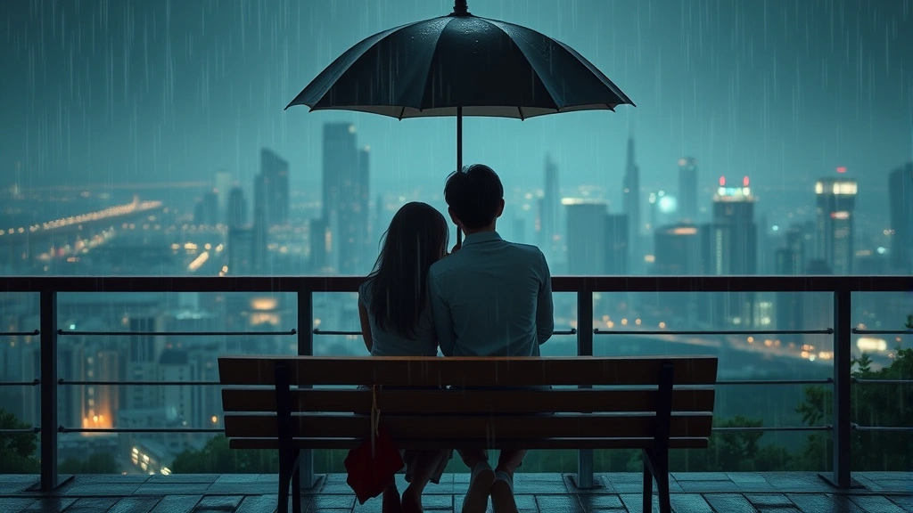 Two figures sitting on a wooden bench under an umbrella during gentle rain, overlooking a city at night, emotional intimate moment, photorealistic, atmospheric lighting, no text