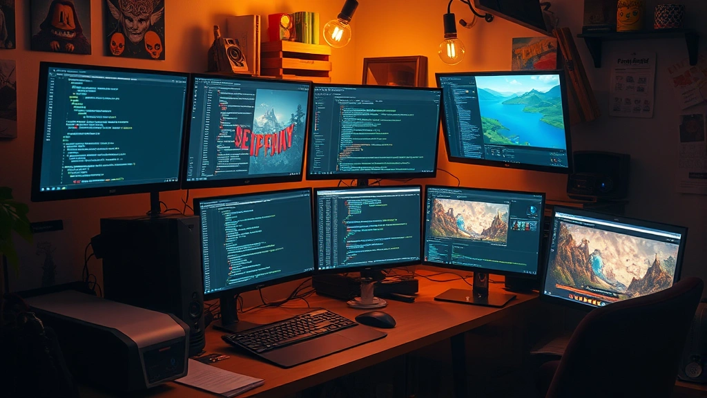 A cozy indie game developer's workspace with multiple monitors showing code and game assets, warm ambient lighting, creative chaos, photorealistic, no game UI visible