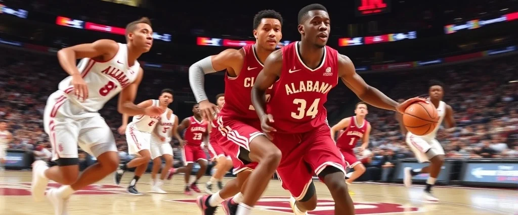 Alabama Crimson Tide basketball players executing fast break in dynamic action, professional arena lighting, motion blur showing intensity and speed