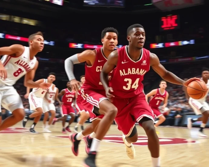 Alabama Crimson Tide basketball players executing fast break in dynamic action, professional arena lighting, motion blur showing intensity and speed