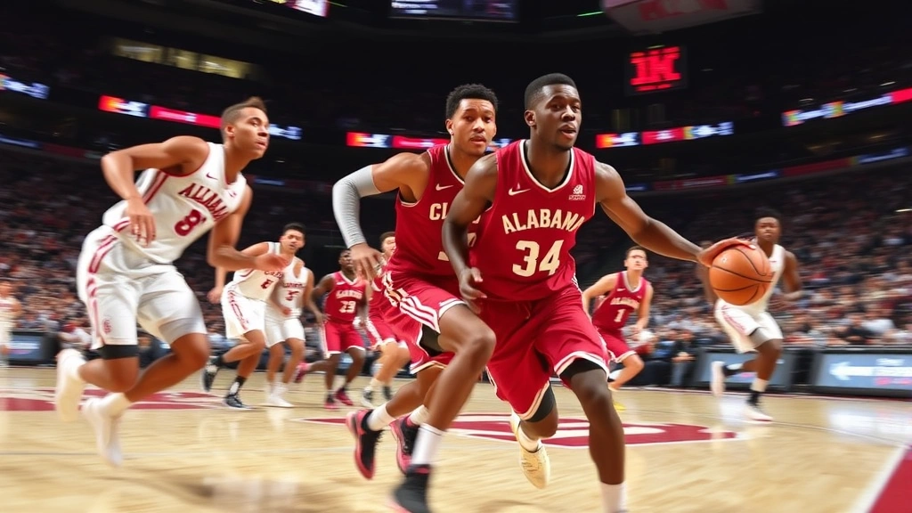 Alabama Crimson Tide basketball players executing fast break in dynamic action, professional arena lighting, motion blur showing intensity and speed