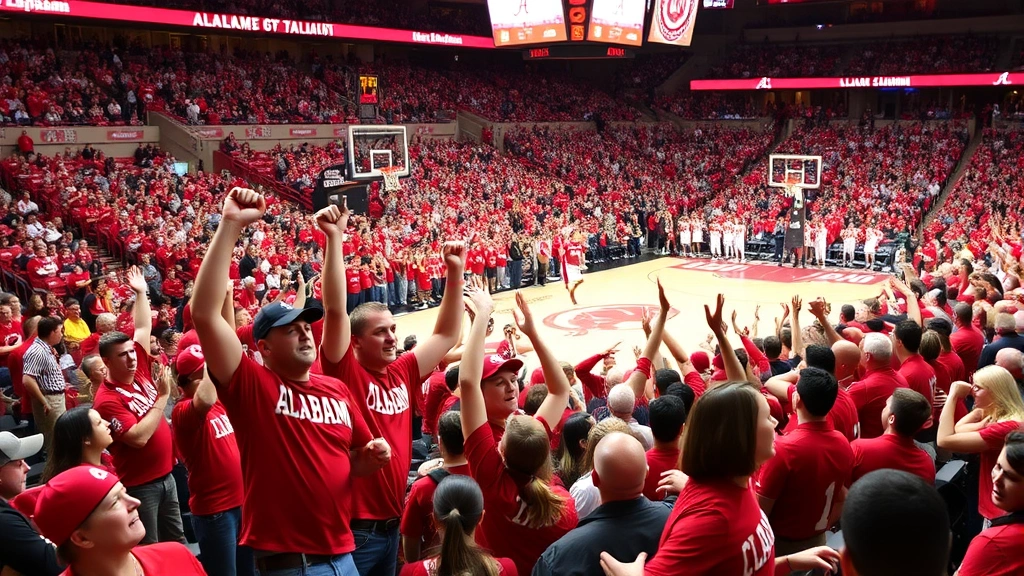 Packed stadium crowd of Alabama basketball fans in crimson attire cheering enthusiastically, vibrant arena atmosphere, diverse crowd demographics enjoying game experience