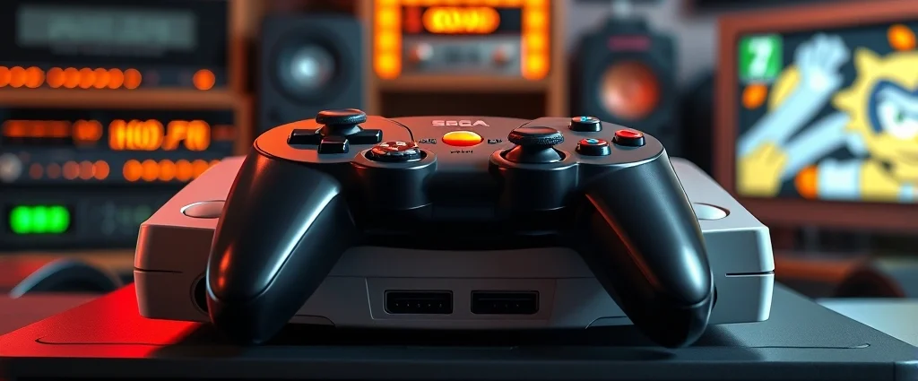 Sega Dreamcast console with controller on display, photorealistic lighting, gaming room setting, vibrant colors, detailed hardware, no text or UI elements visible