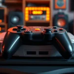 Sega Dreamcast console with controller on display, photorealistic lighting, gaming room setting, vibrant colors, detailed hardware, no text or UI elements visible