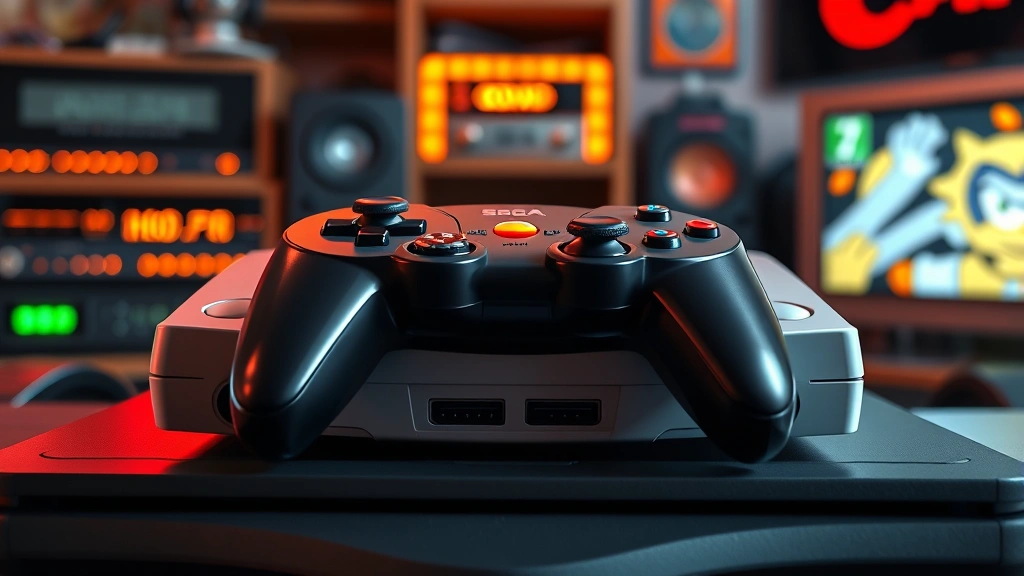 Sega Dreamcast console with controller on display, photorealistic lighting, gaming room setting, vibrant colors, detailed hardware, no text or UI elements visible
