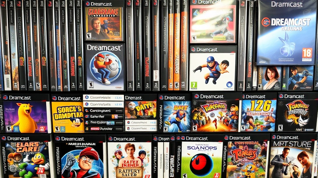 Diverse collection of Dreamcast game covers arranged in display, showing colorful game artwork, retail cases, photorealistic presentation, gaming library aesthetic, no readable text