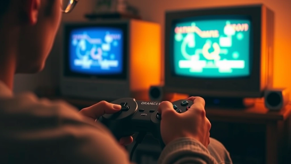 Retro gaming enthusiast playing Dreamcast with CRT monitor in background, hands holding controller, engaged gameplay moment, warm lighting, nostalgic atmosphere, no screen UI visible