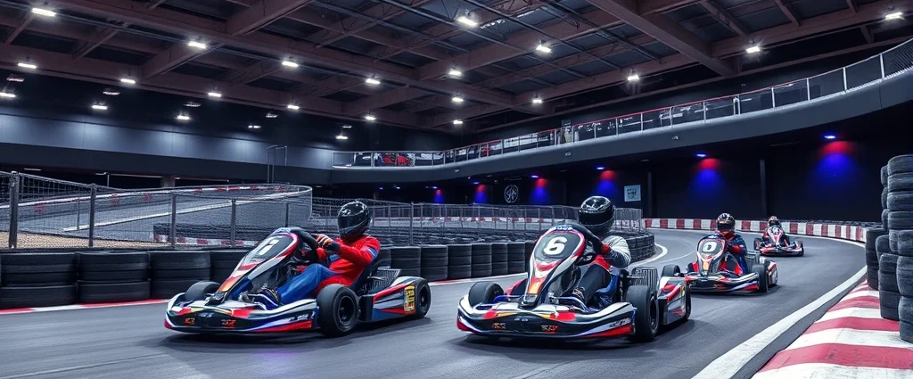 Professional indoor electric go-kart racing on multi-level track with elevated turns and modern LED lighting, photorealistic, professional motorsport atmosphere, vibrant race environment