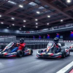 Professional indoor electric go-kart racing on multi-level track with elevated turns and modern LED lighting, photorealistic, professional motorsport atmosphere, vibrant race environment